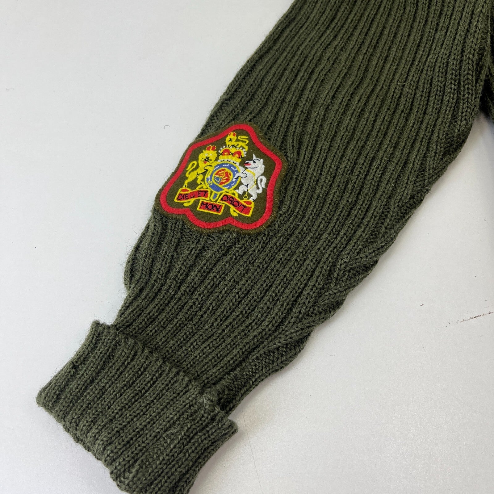 British Army Surplus RSM WO1 ASM Olive Green Wool Jumper with Badges size 2 (M)