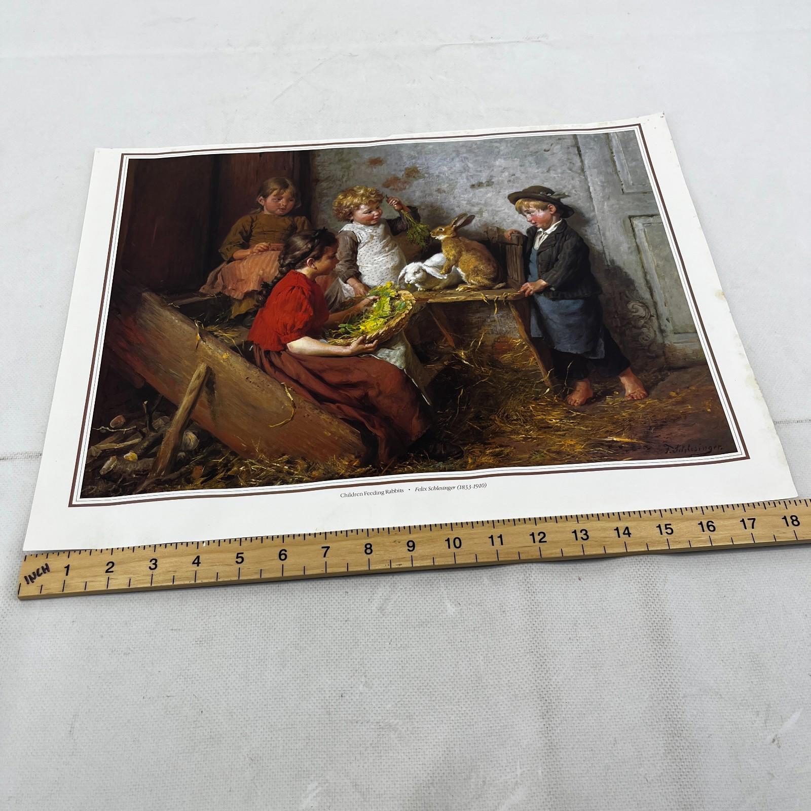 Children Feeding Rabbits - Felix Schlesinger Victorian Textured Print