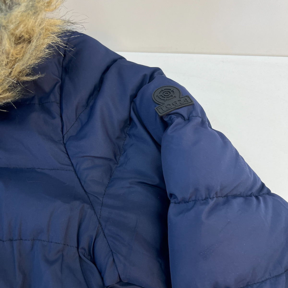 TOG24 Women’s Blue Hooded Long Puffer Coat Quilted Padded with Fur Fringe UK 18