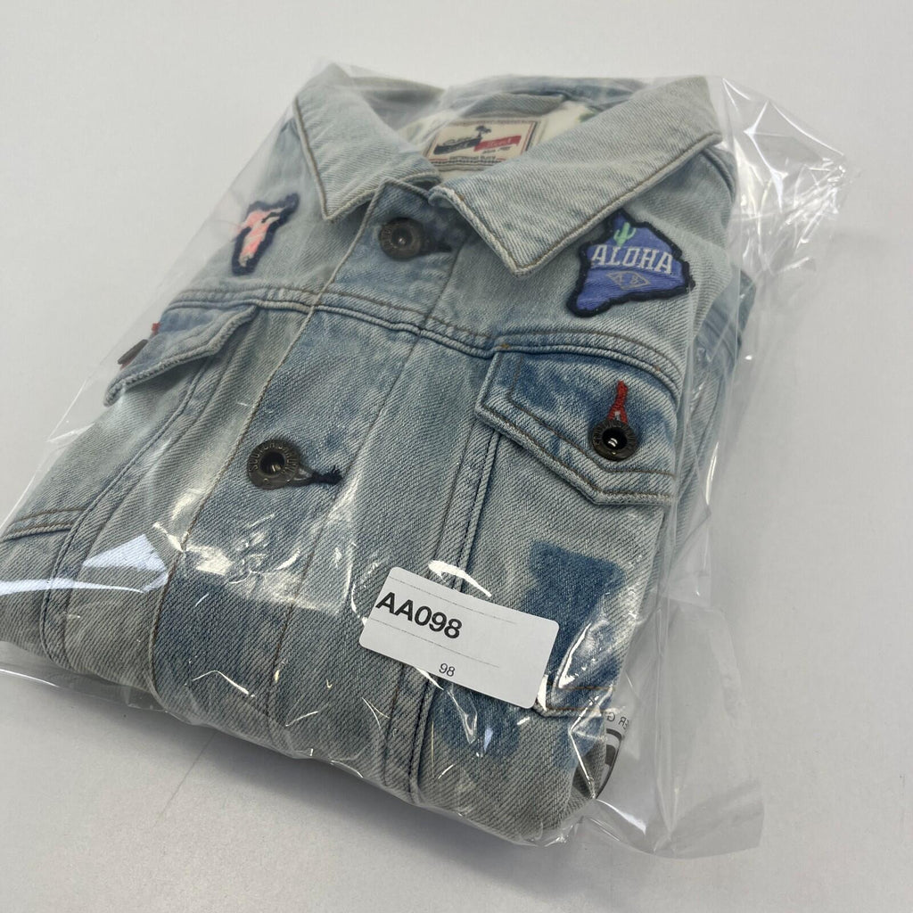 Scotch Shrunk Denim Jacket with Badges Women's size 10 Blue Trucker Button Up
