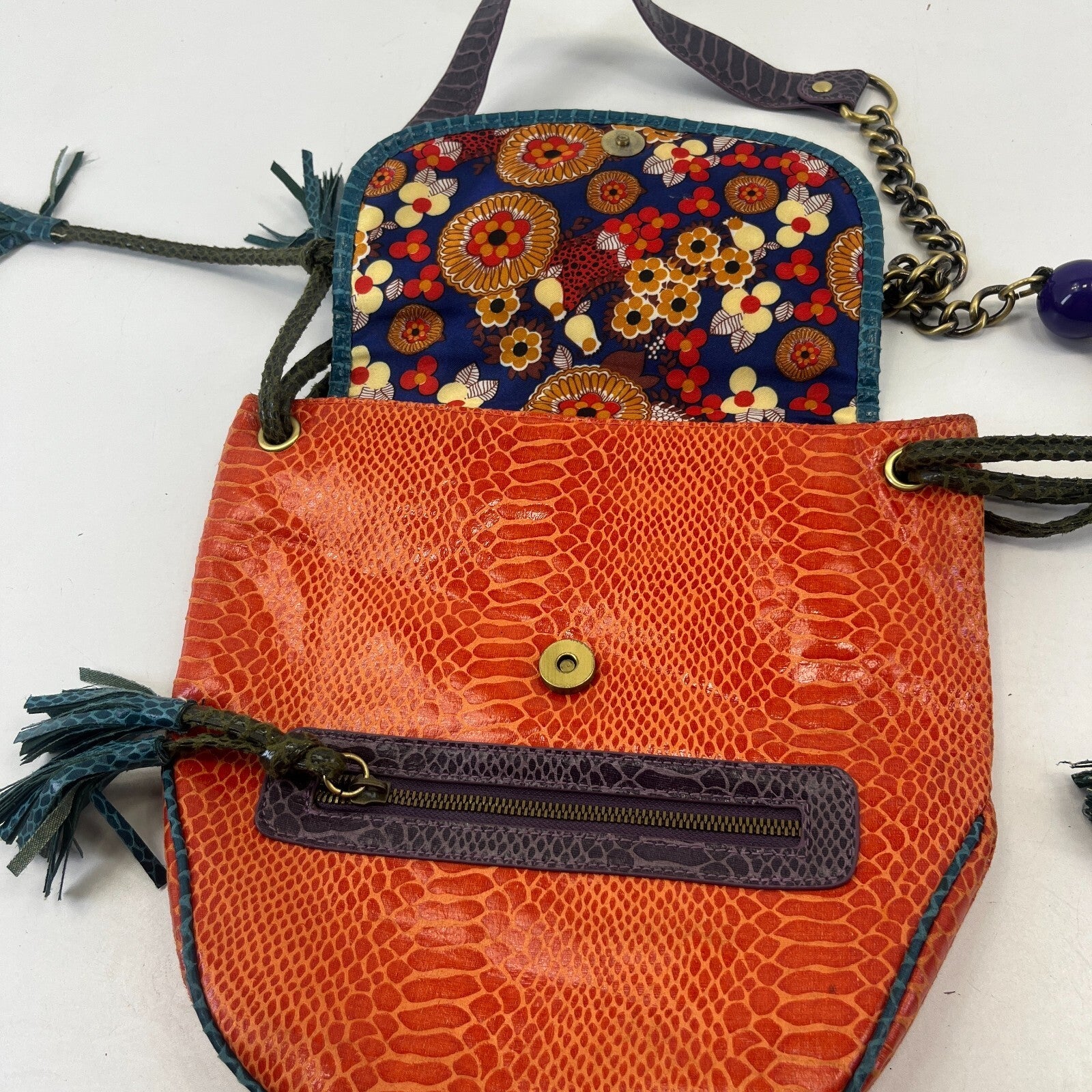 River Island Faux Snakeskin Leather Tassel foldover Chain Handbag Boho Hippy