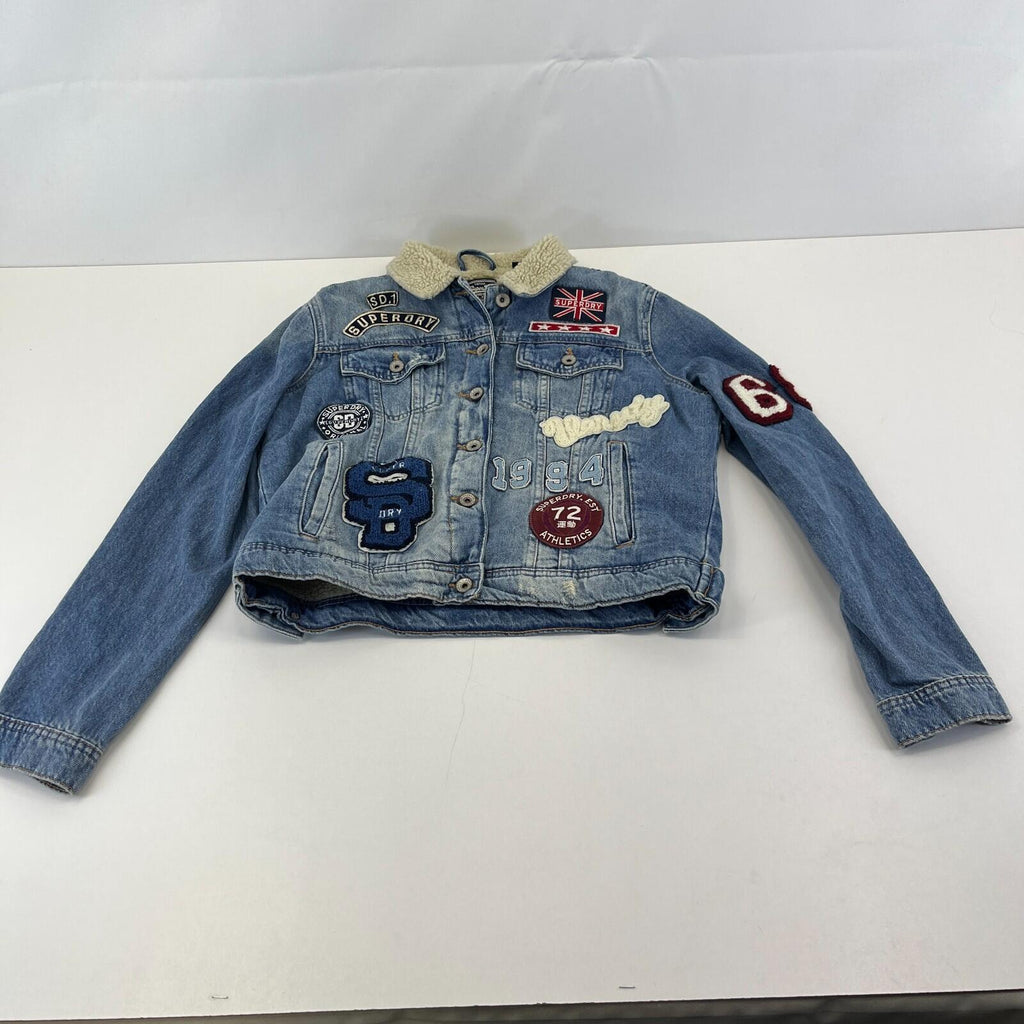 Superdry Denim Jacket Womens M Blue Sherpa Faux Fur Lining Patches Biker