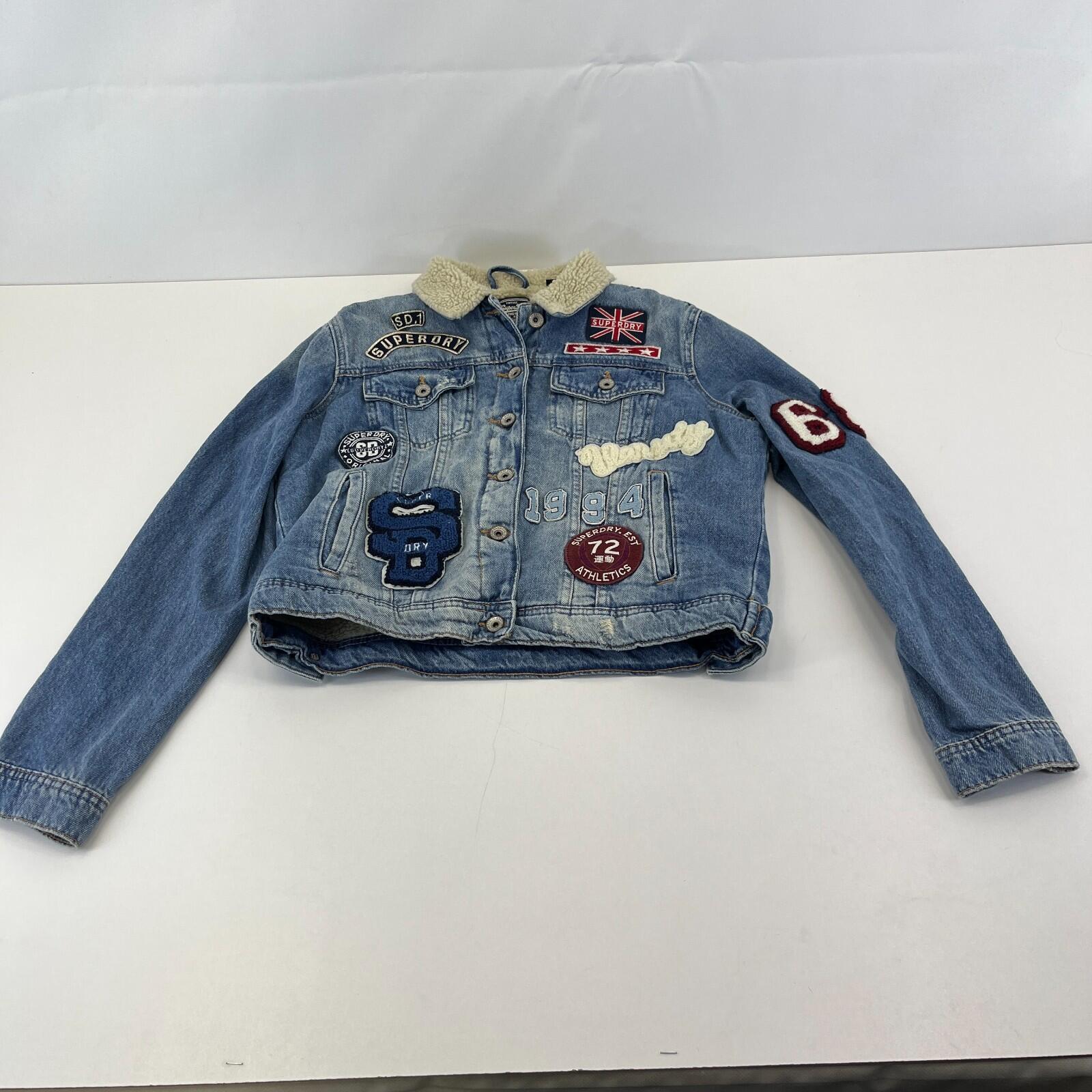 Superdry Denim Jacket Womens M Blue Sherpa Faux Fur Lining Patches Biker