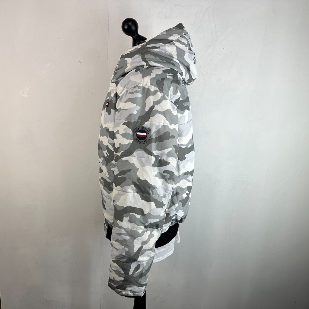 Tommy Hilfiger Camo Hooded Bomber Jacket size M Coat Grey White Water Resistant