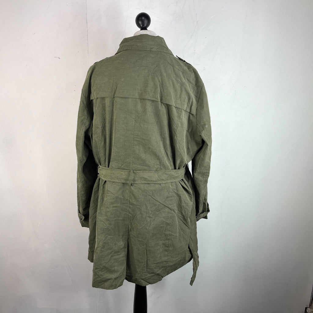 Sears Vtg Distressed Look Military Trench Coat Olive Green Belted - Women's 3XL