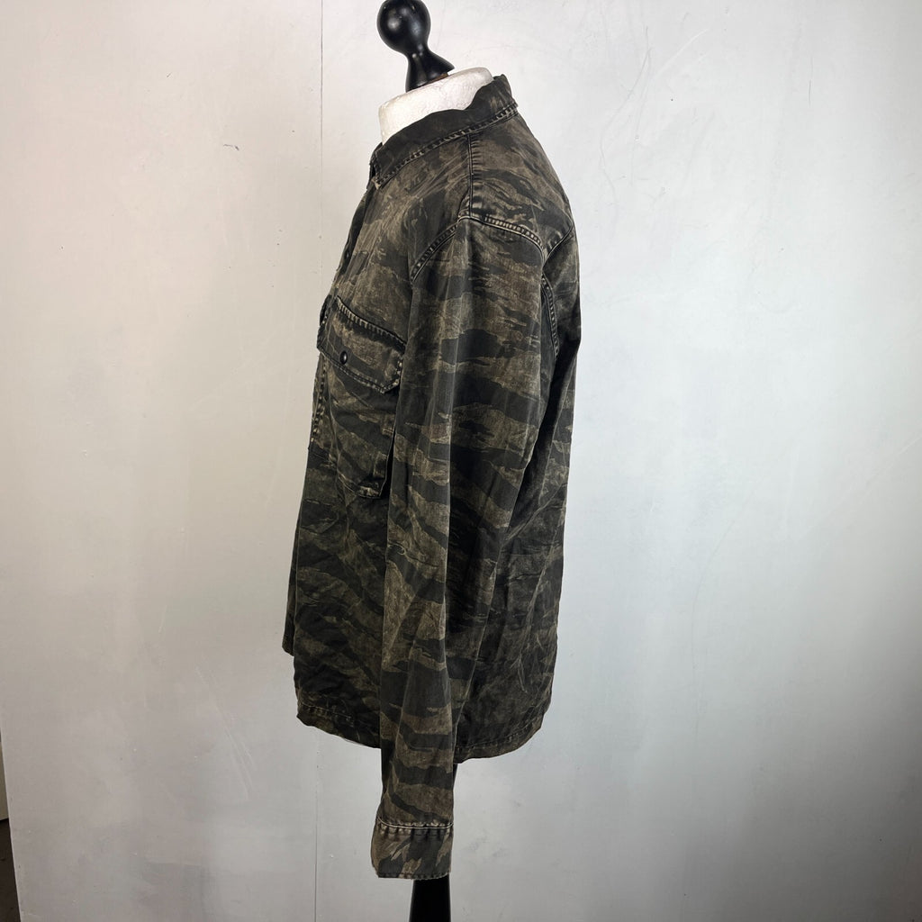 AllSaints Denim Jacket Men's size XL Relaxed Fit Distressed Tiger Camo