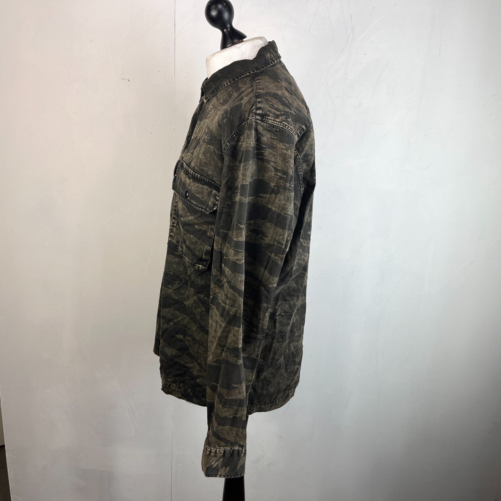 AllSaints Denim Jacket Men's size XL Relaxed Fit Distressed Tiger Camo