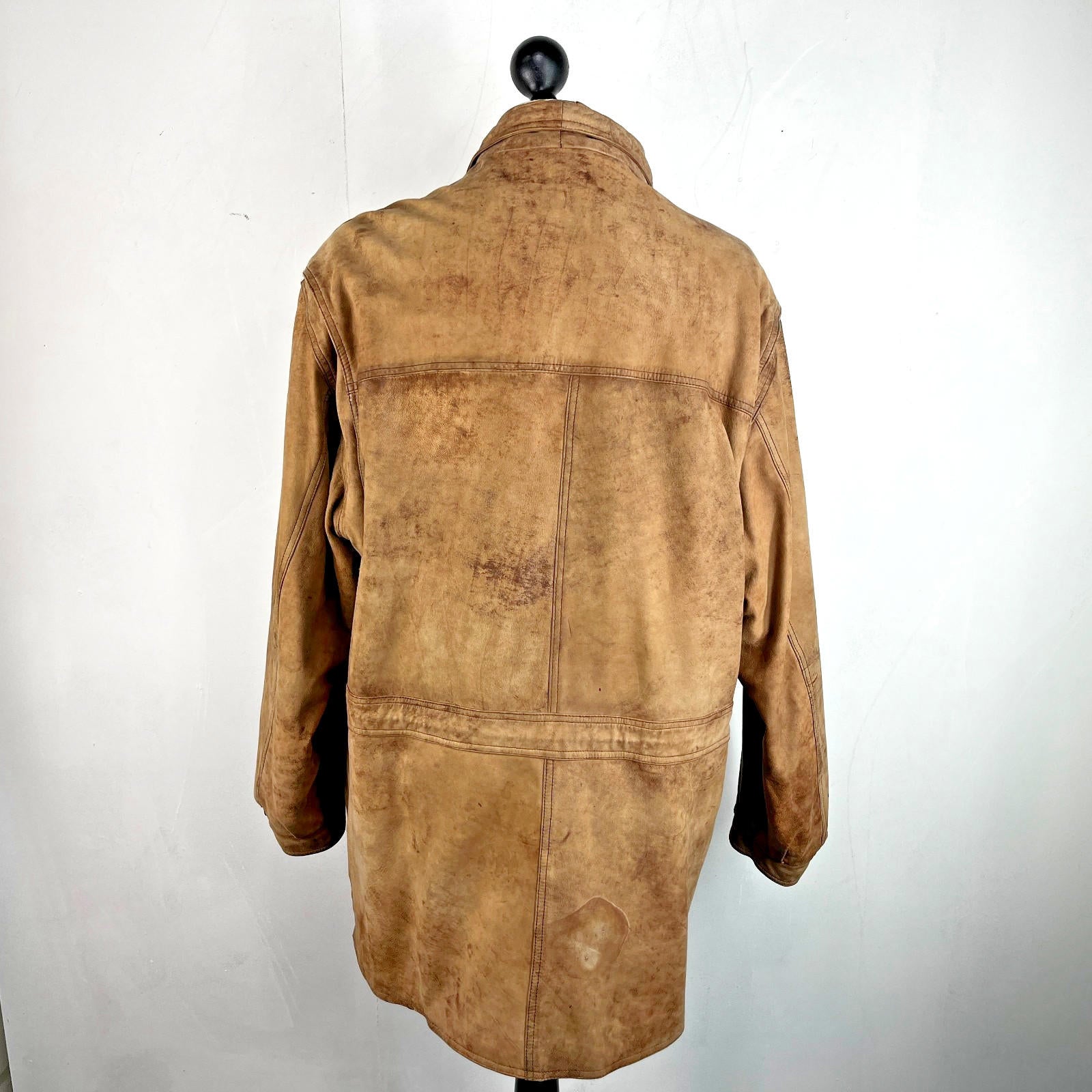 Lakeland Men’s Leather Jacket Long Distressed Look Tan Brown UK size 46