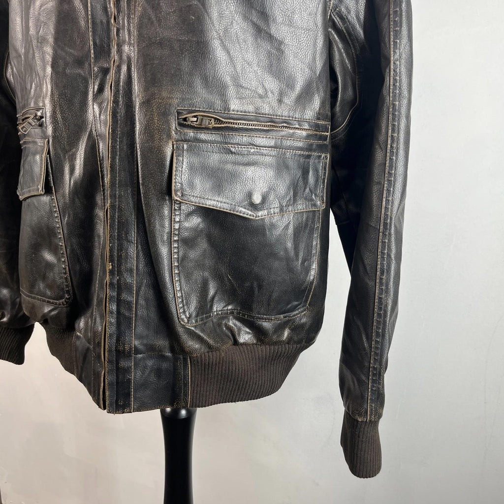 Vtg Tommy Hilfiger Brown Distressed Faux Leather Jacket Sherpa Lined Mens 2XL
