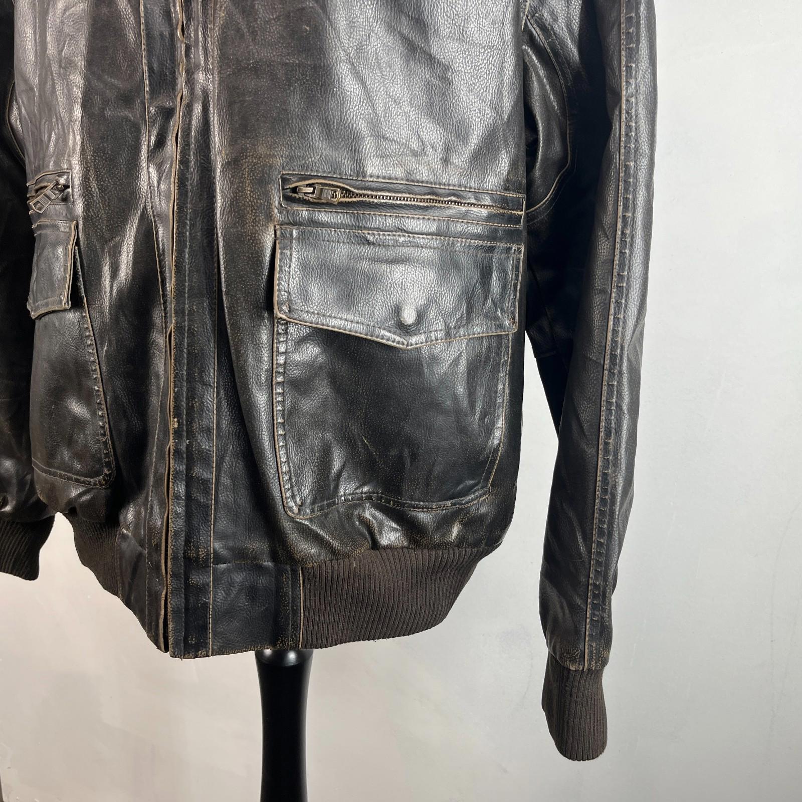 Vtg Tommy Hilfiger Brown Distressed Faux Leather Jacket Sherpa Lined Mens 2XL