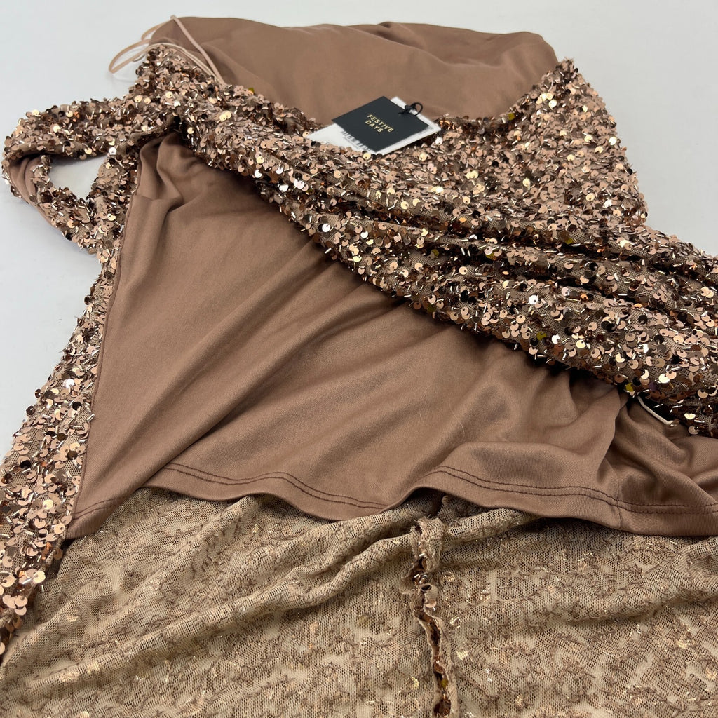 Zara Gold Sparkly Sequin Wrap Round Pencil Dress Halter Neck size Large - New