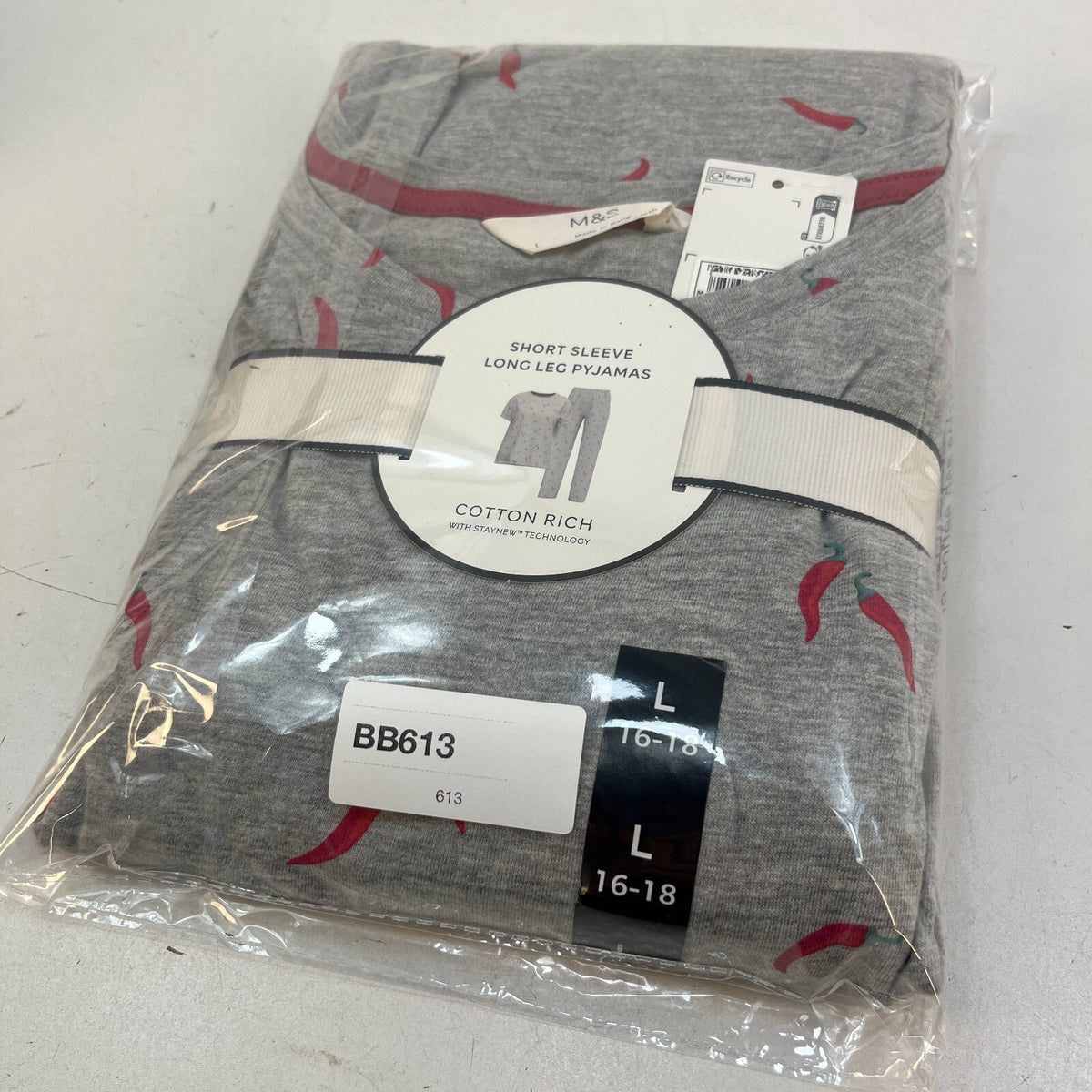 M&S Ladies Pyjama Set UK L 16-18 Grey with Chillies Long Leg Short Sleeve New