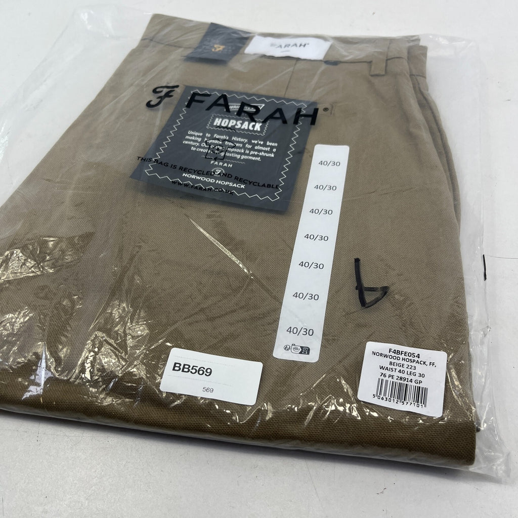 Farah Norwood Hopsack 100% Cotton Trousers Regular Fit W40" L30" Khaki Beige