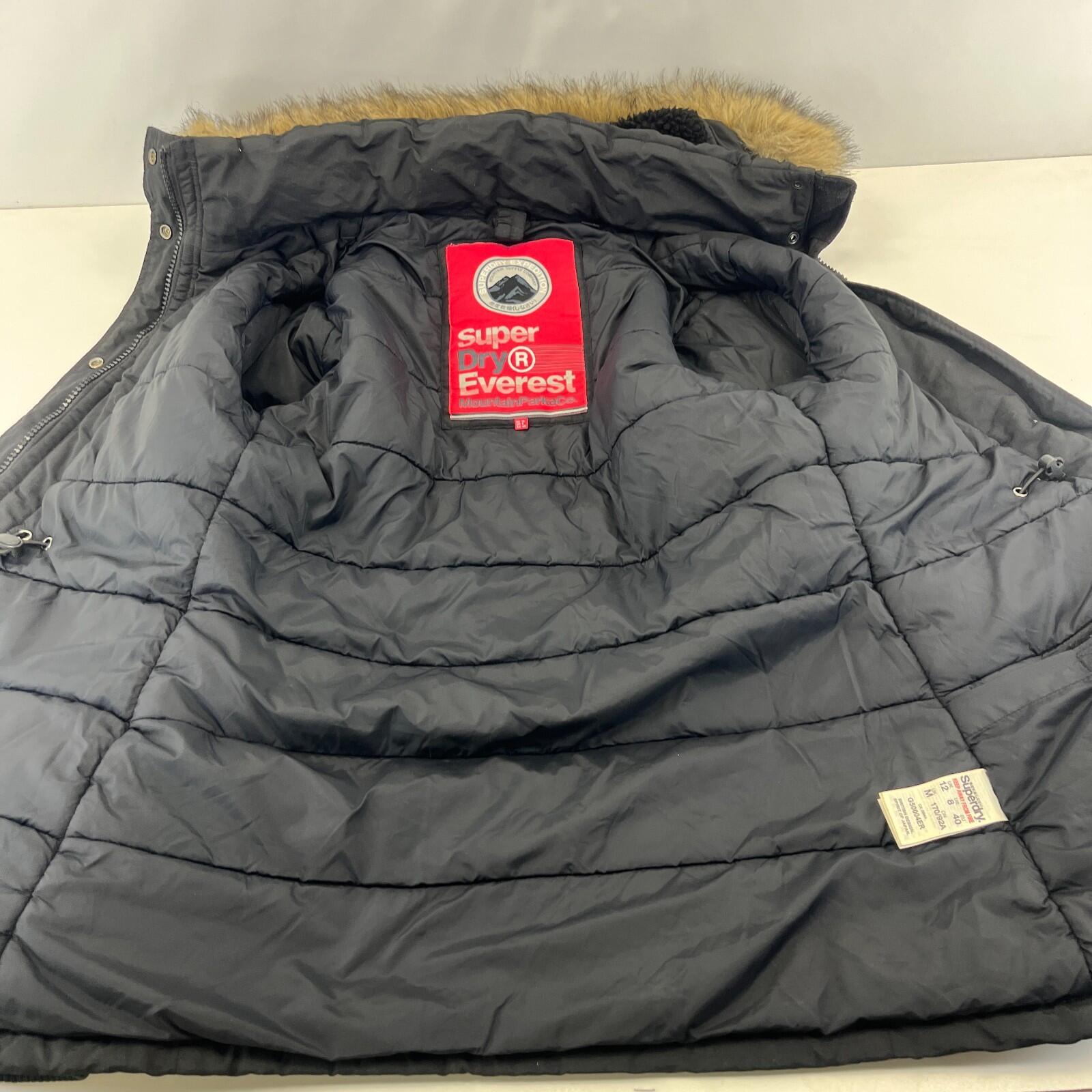 Superdry Everest Mountain Parka in Black with Fur Fringe Hood UK Women's size 12