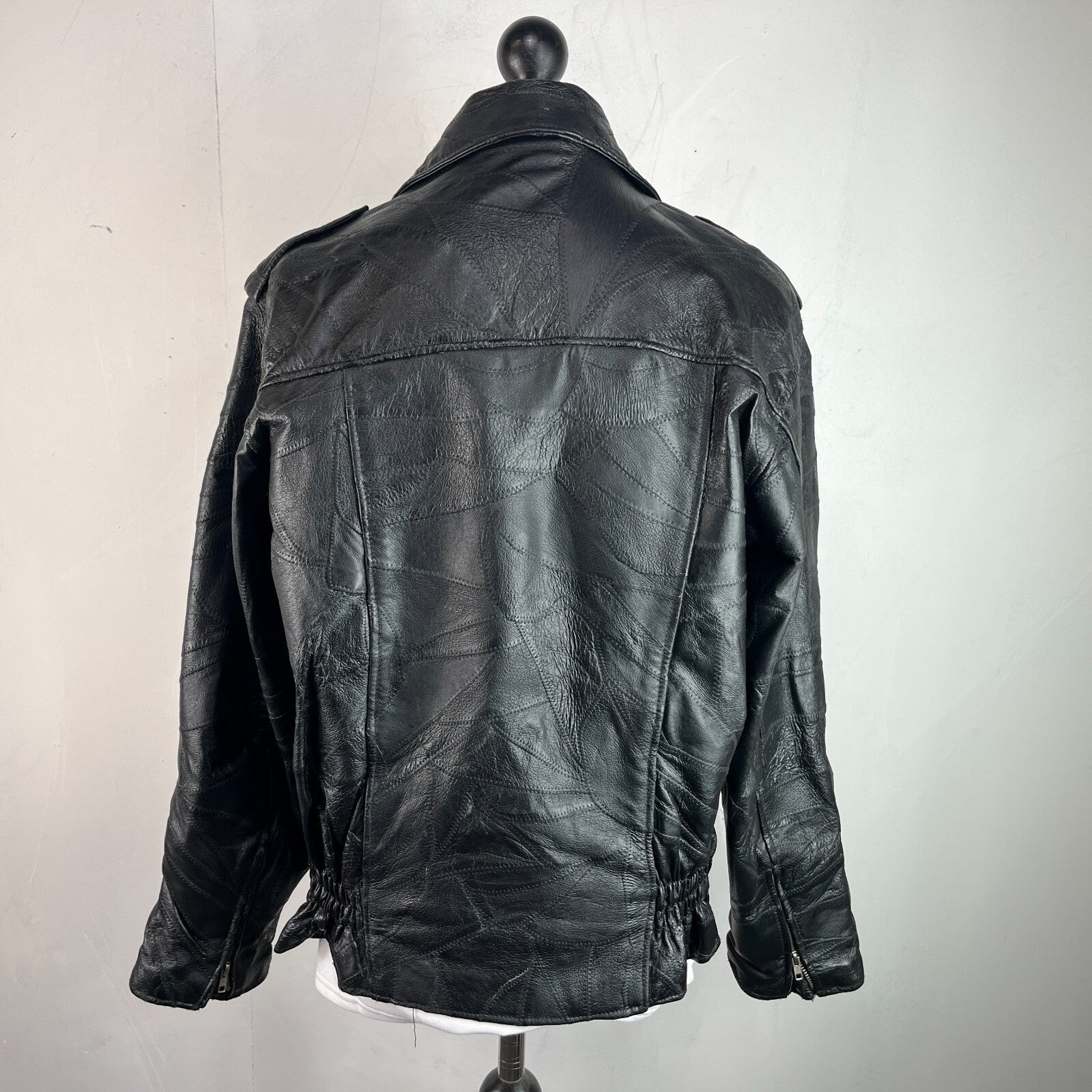 Flight Path Black Patchwork Leather Motorcycle Jacket Cruiser Biker size Large