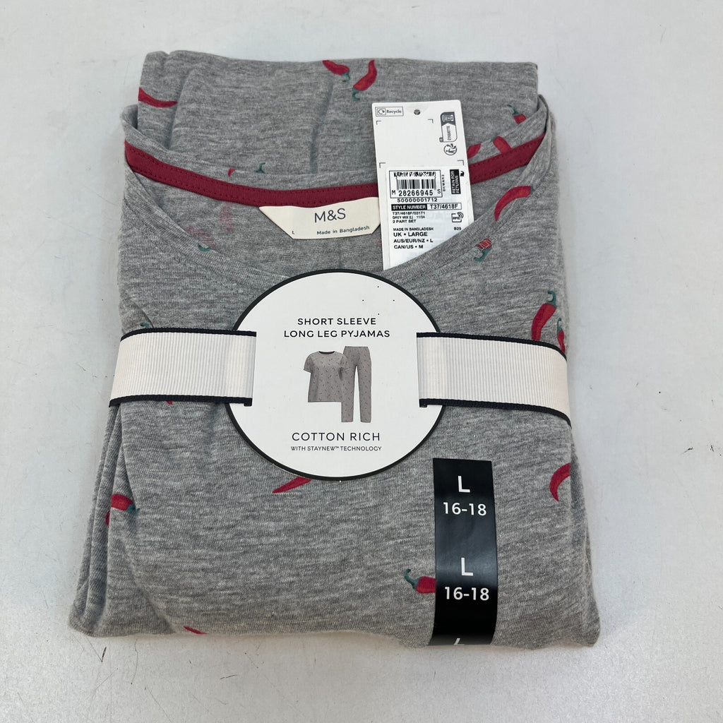 M&S Ladies Pyjama Set UK L 16-18 Grey with Chillies Long Leg Short Sleeve New