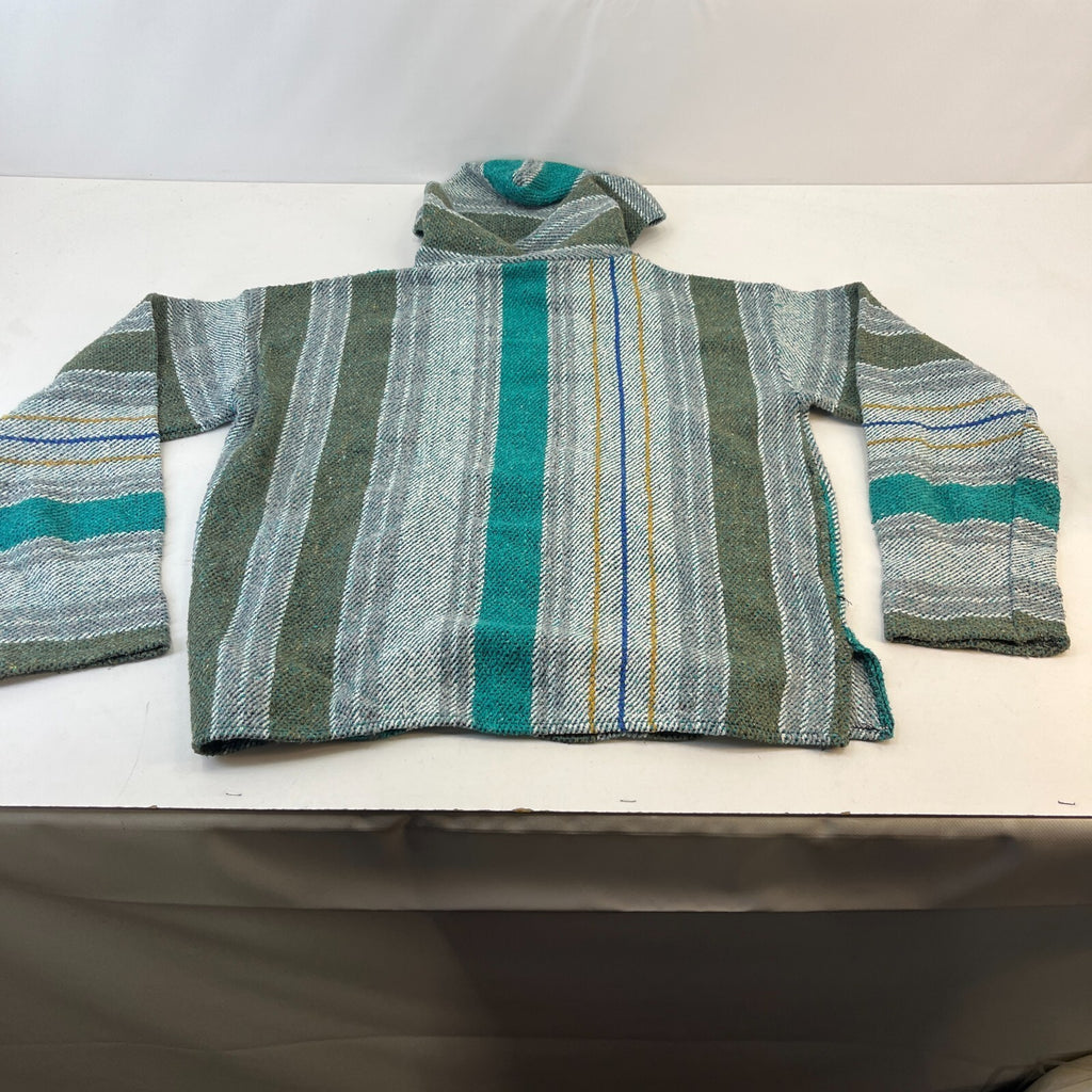 Genuine Mexican Baja Hoodie Pullover Hippie Festival Green Stripe UK size L