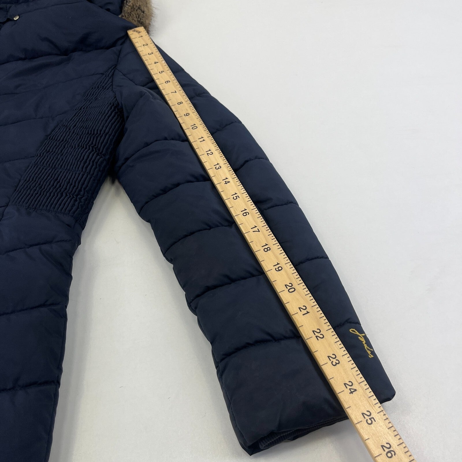 Joules Warm Welcome Long Quilted Jacket Navy Blue with Faux Fur Fringe size 14