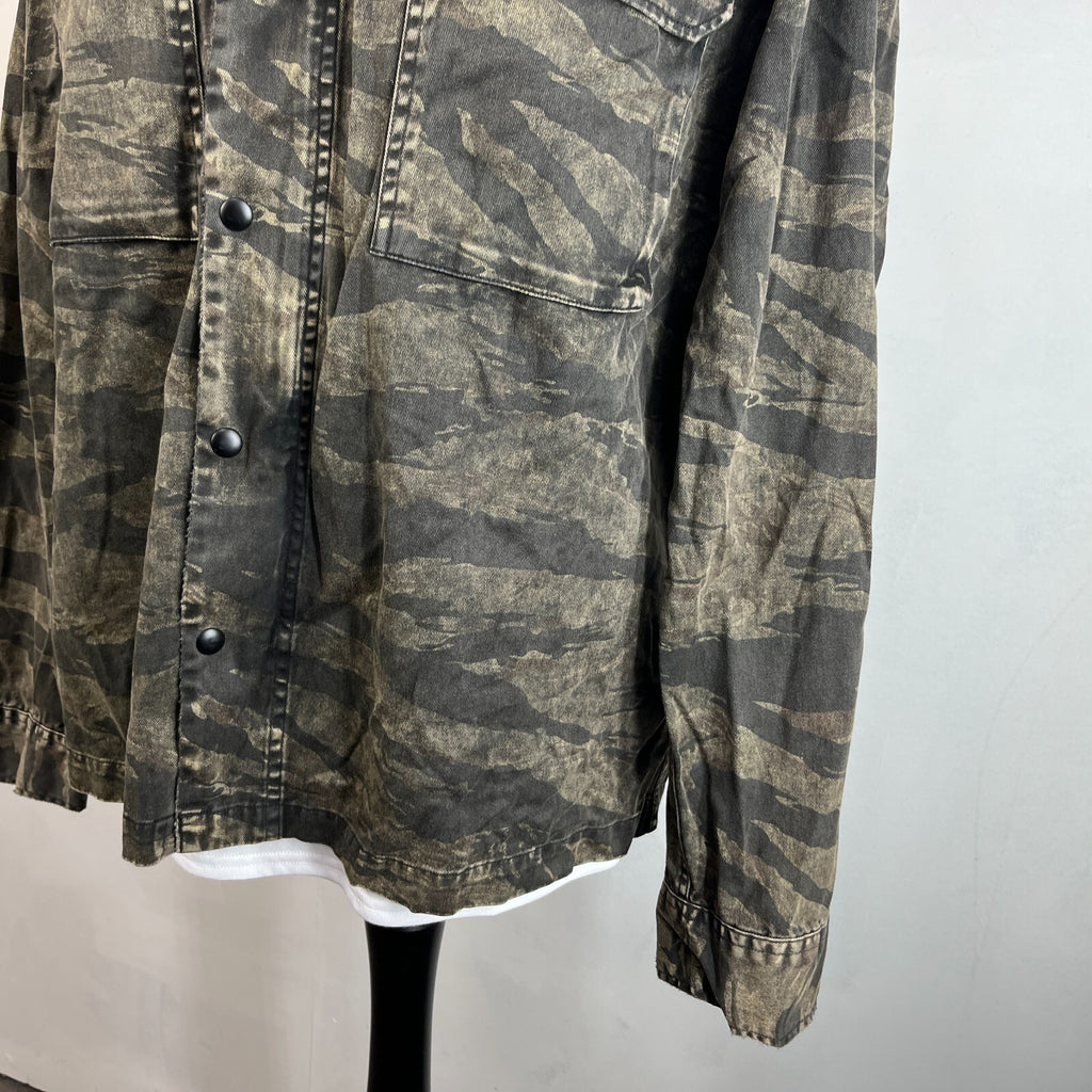 AllSaints Denim Jacket Men's size XL Relaxed Fit Distressed Tiger Camo
