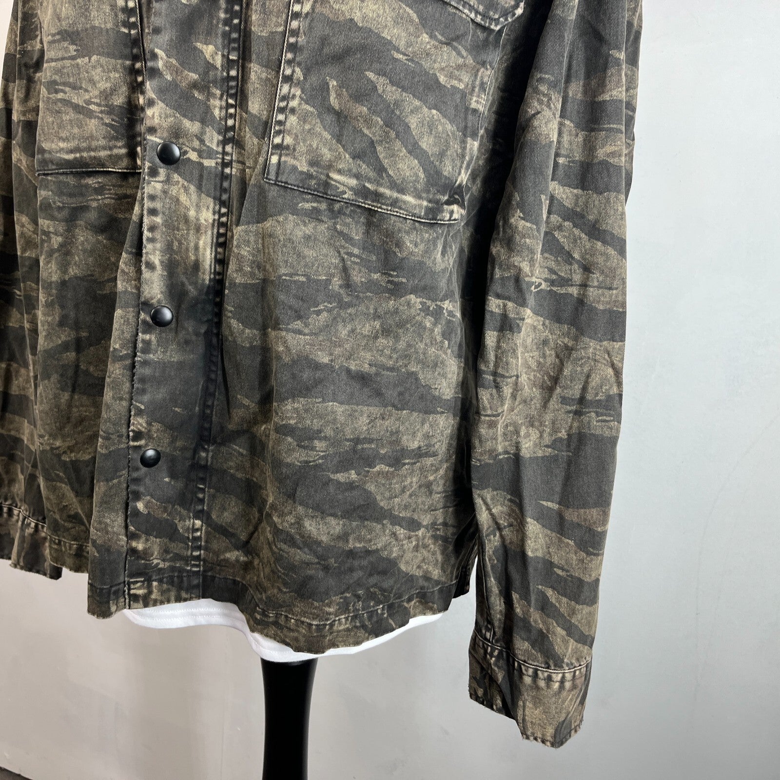 AllSaints Denim Jacket Men's size XL Relaxed Fit Distressed Tiger Camo