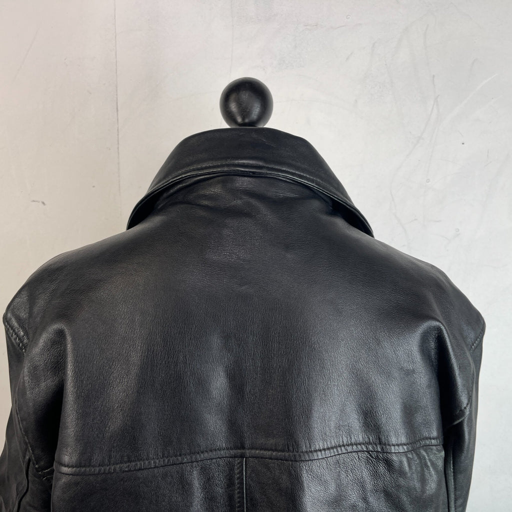 CG Collections Men's Leather Overcoat Jacket Black size Large Spread Collar