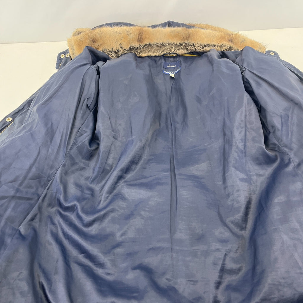 Joules Warm Welcome Long Quilted Jacket Navy Blue with Faux Fur Fringe size 14