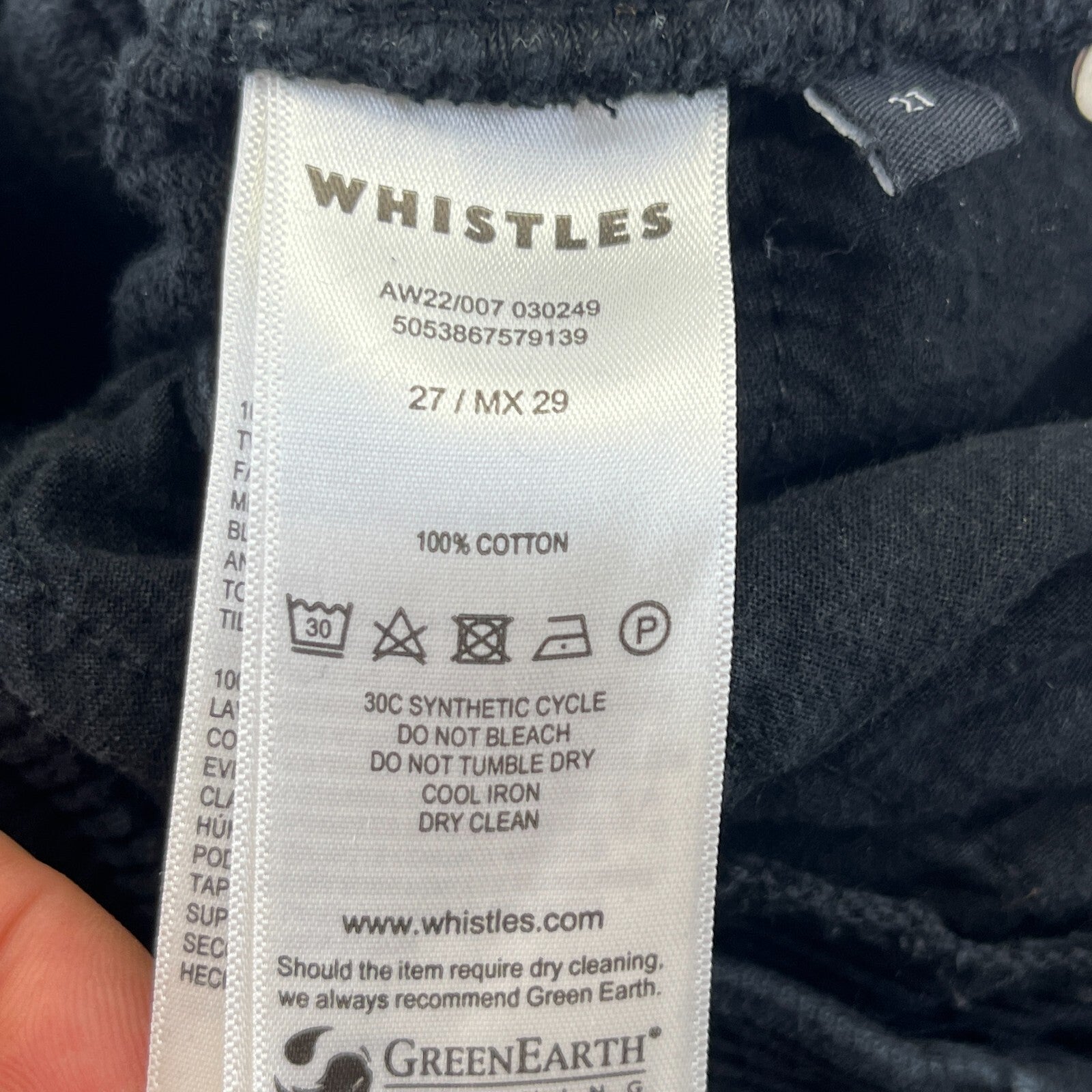 Whistles Autumn Winter Black Paperbag Corduroy Jeans Trousers size 27 Leg 26"