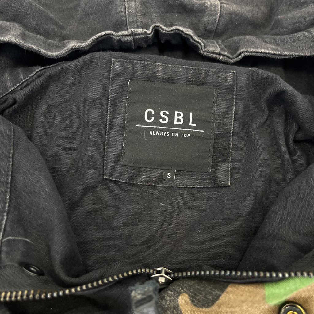 CSBL Mens Hooded Pullover Distressed Look Denim Jacket Black & Camo size S