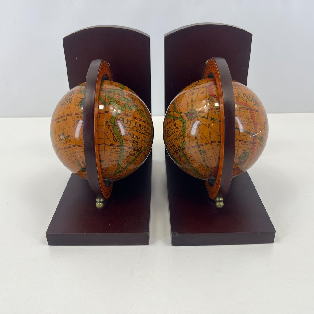 Pair of Wooden Old World Spinning Globe Bookends - Office Decor