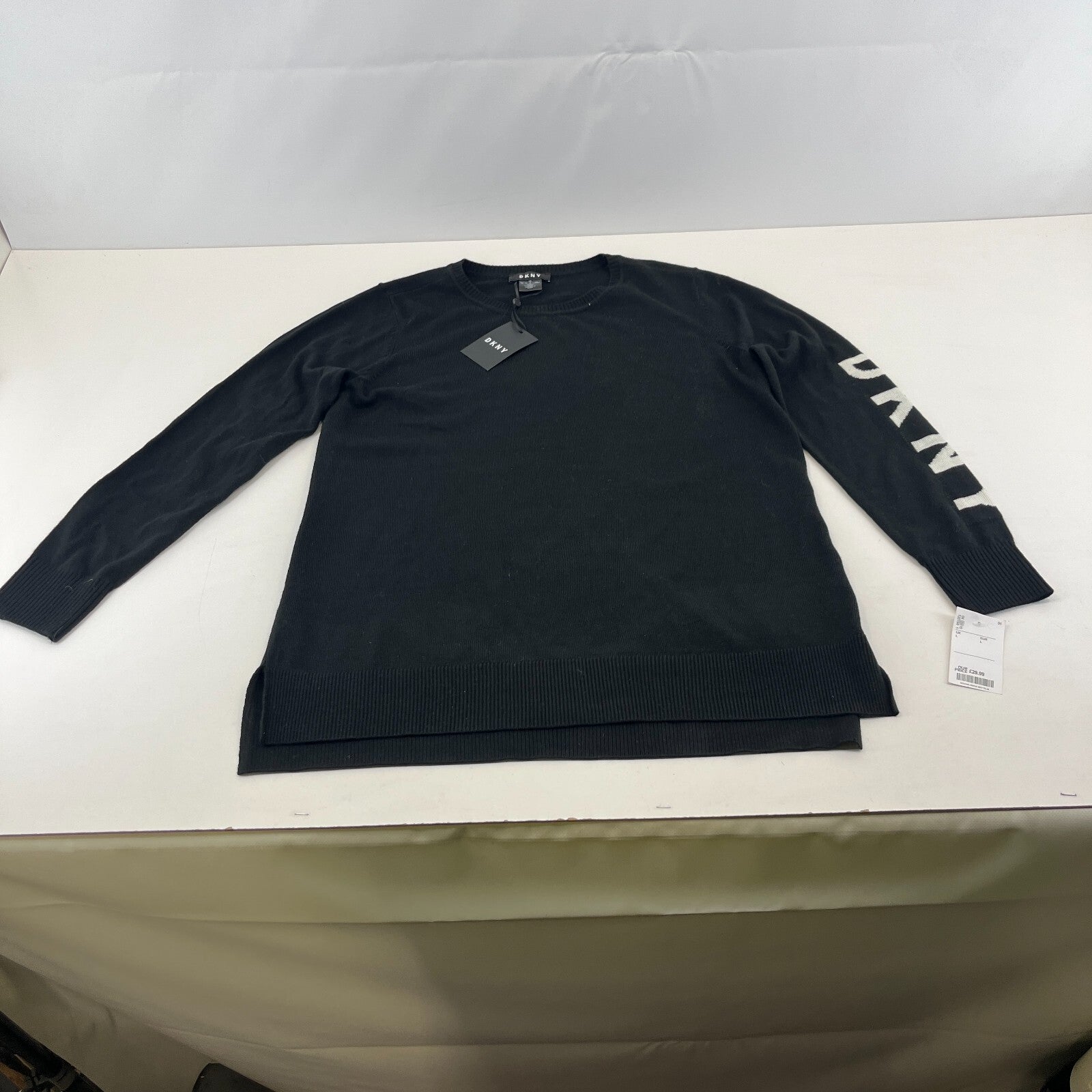 DKNY Women's Tight Knit Jumper Sweater size Large in Black with Spellout