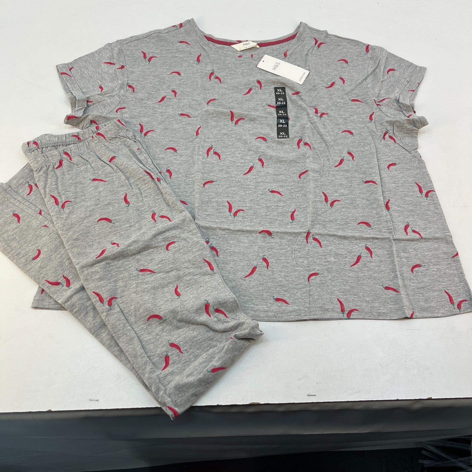 M&S Ladies Pyjama Set UK XL 20-22 Grey with Chillies Long Leg Short Sleeve New