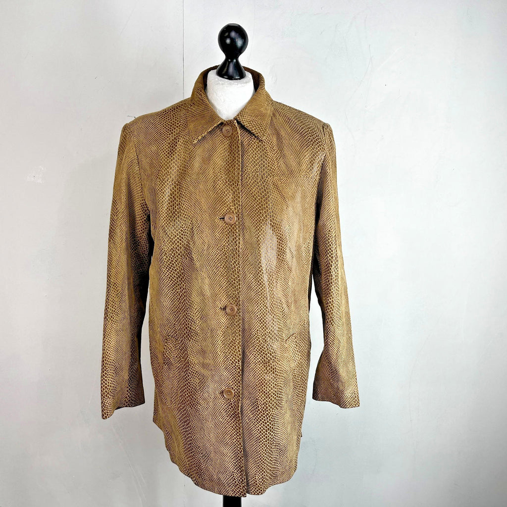 Beth Terrell Long Leather Coat Jacket Tan Brown Snake Lizard Pattern size Medium