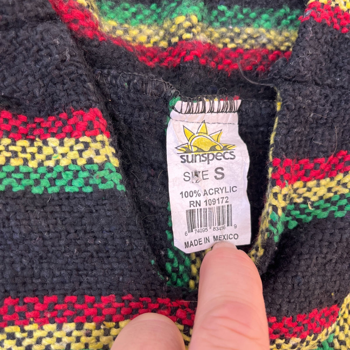 Genuine Mexican Baja Hoodie Pullover Hippie Festival Red/Yellow/Green UK size S