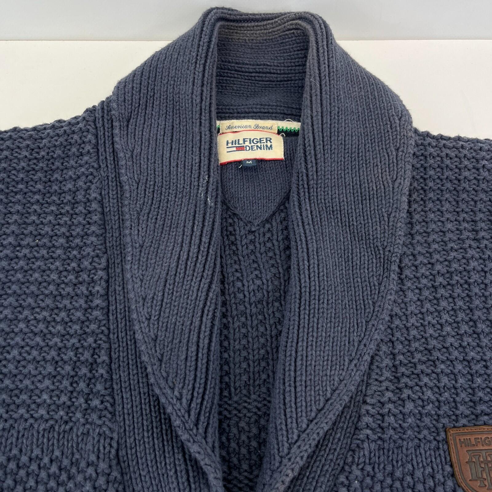 Tommy Hilfiger Hooded Cable Knit Cardigan Chunky Jumper Navy Blue - Size M