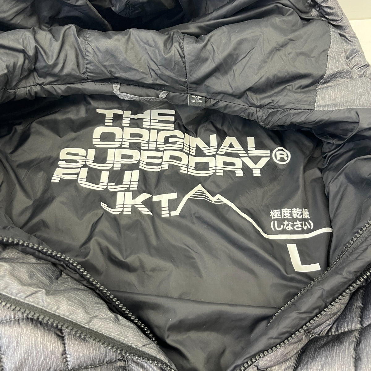 SuperDry Original Fuji Jacket UK size Large Grey Quilted Coat with Hood in Grey