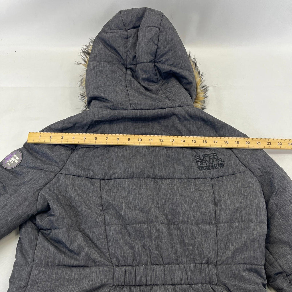 Superdry Mountain Co Mid Faux Fur Puffer - Size XL Grey Hooded  Coat