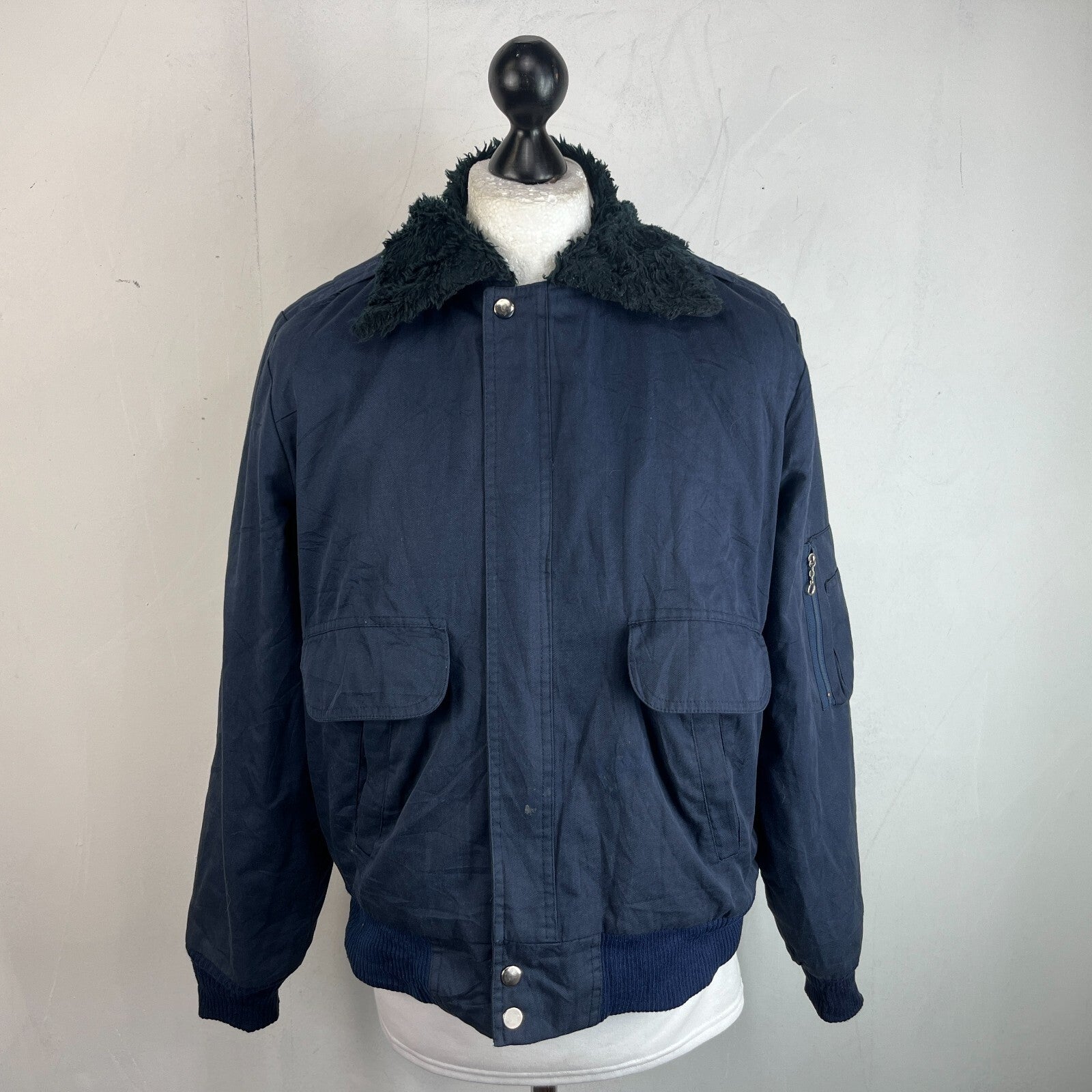 French Military Fleece Lined Bomber Jacket size M Navy Blue Workwear Canvas