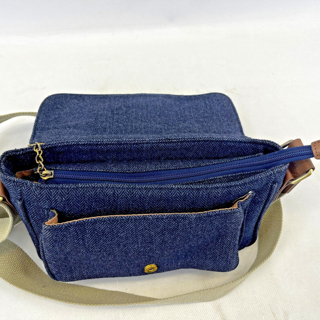House of Tweed Navy Blue Medium Crossbody Satchel Bag Handbag Herringbone