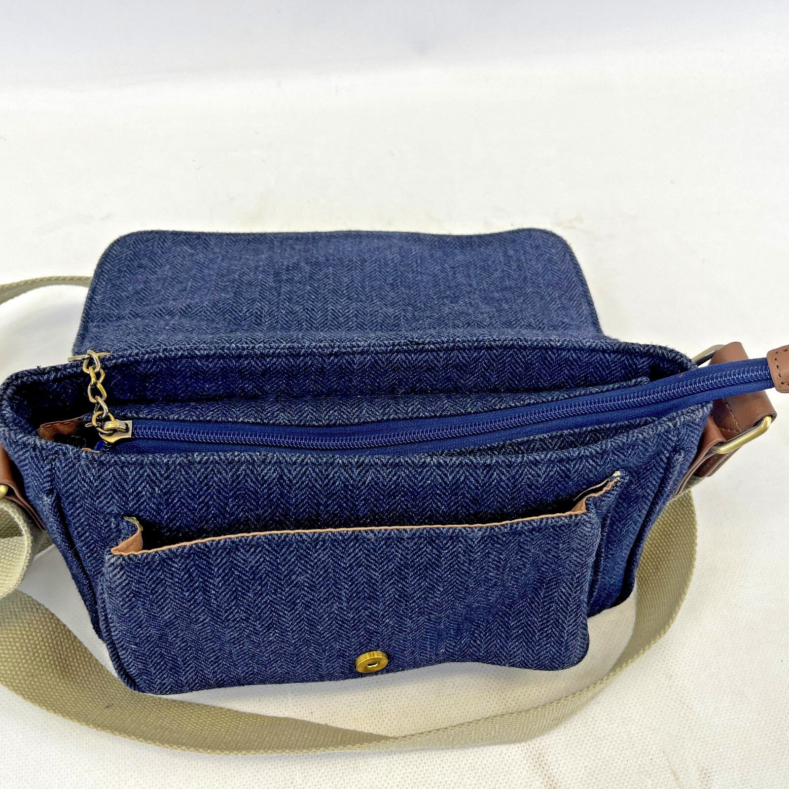 House of Tweed Navy Blue Medium Crossbody Satchel Bag Handbag Herringbone