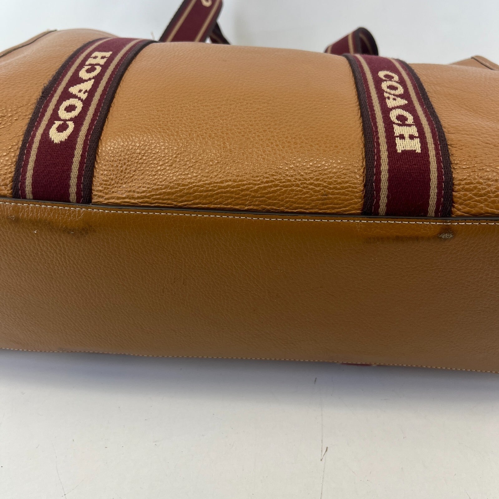 Coach Smith Tote Bag CM716 Tan Pebbled Leather Burgundy Logo Strap