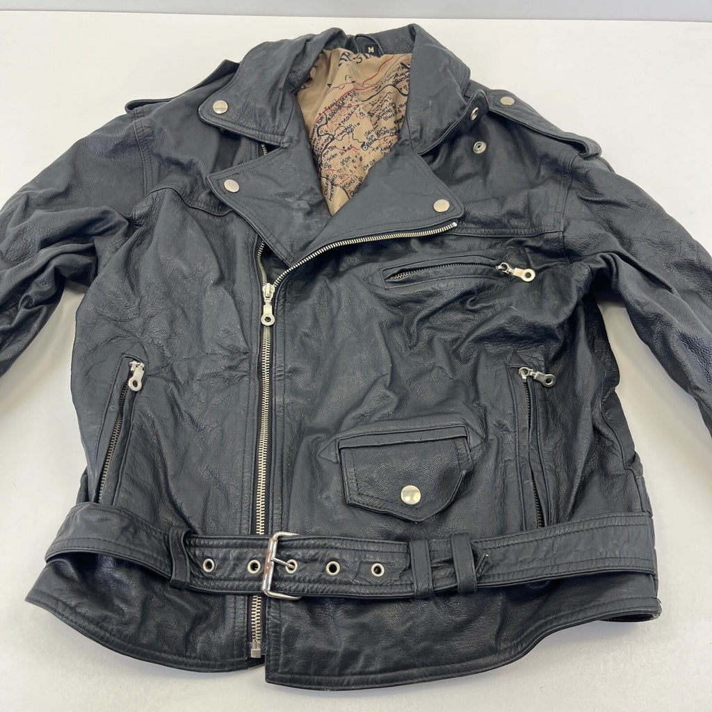 Punk Black Leather Biker Jacket with Belt size Medium Skinhead