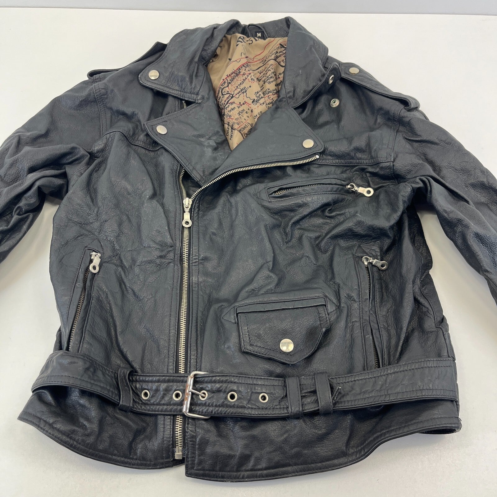 Punk Black Leather Biker Jacket with Belt size Medium Skinhead
