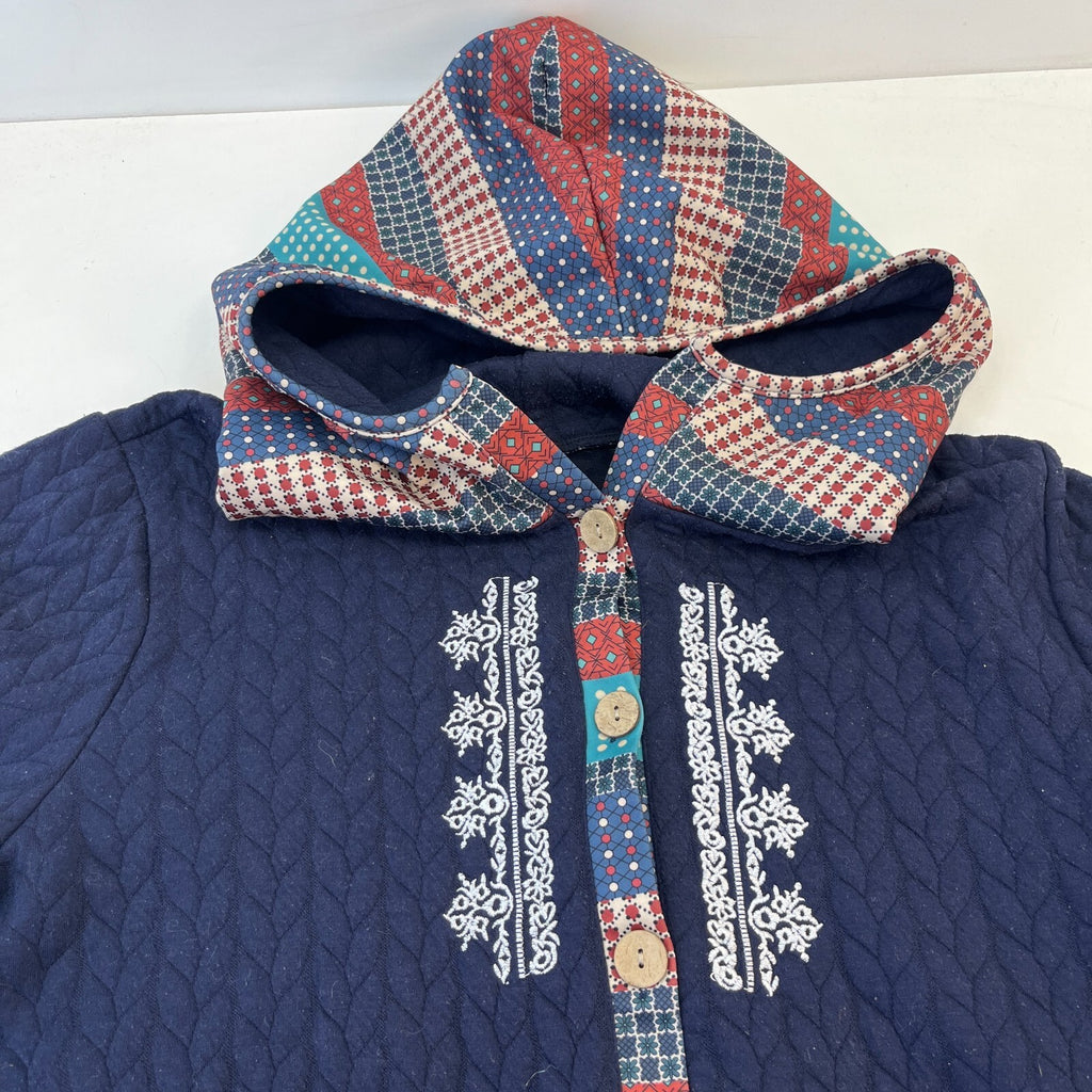 Traditional Chinese Women's Hooded Cardigan Navy Blue Wide Sleeve size XL
