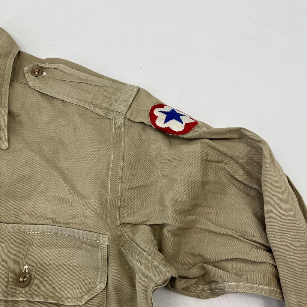 Vintage American Army Military Long Sleeve Twill Shirt +Badges Khaki Brown Large