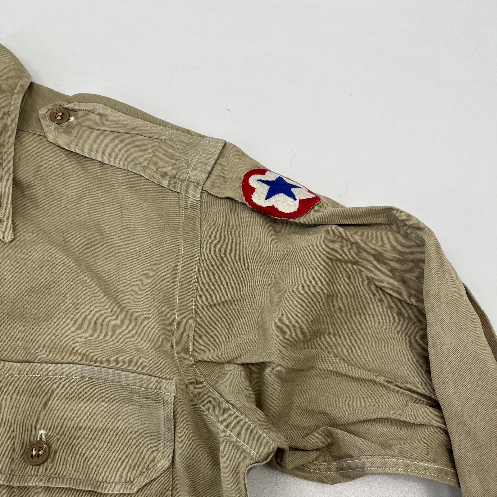 Vintage American Army Military Long Sleeve Twill Shirt +Badges Khaki Brown Large
