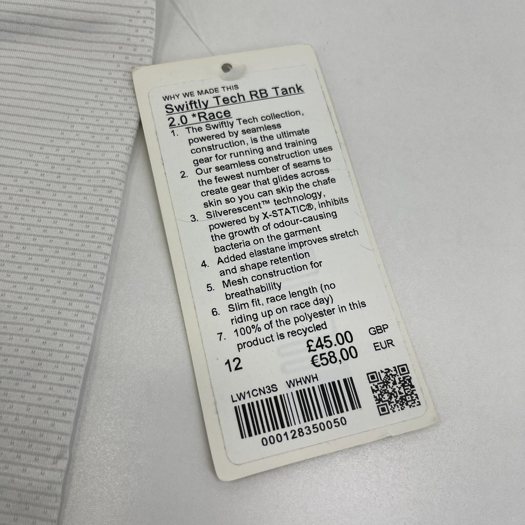 Lululemon Swiftly Tech Racerback Tank Top 2.0 White size UK 16 US 12 - New