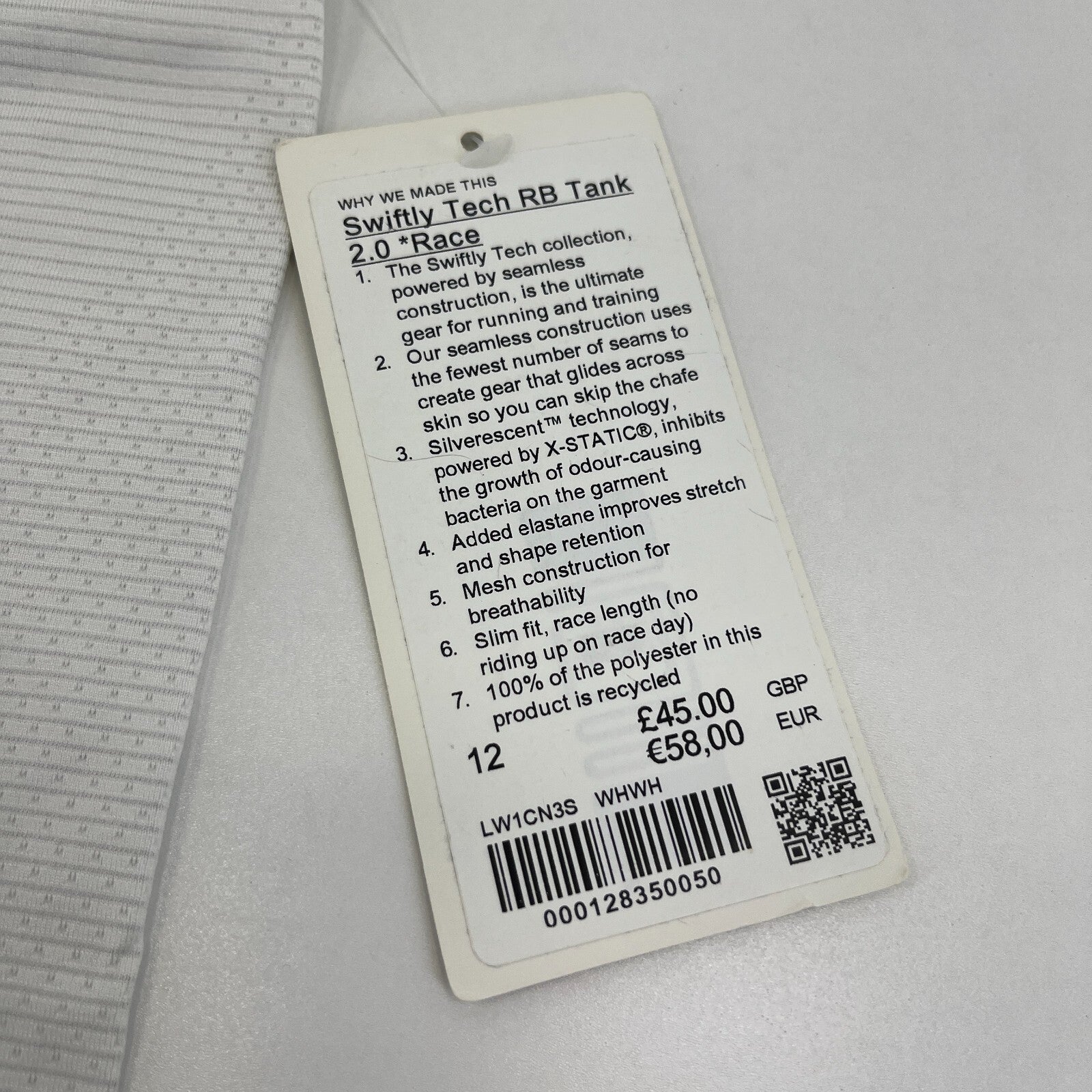 Lululemon Swiftly Tech Racerback Tank Top 2.0 White size UK 16 US 12 - New