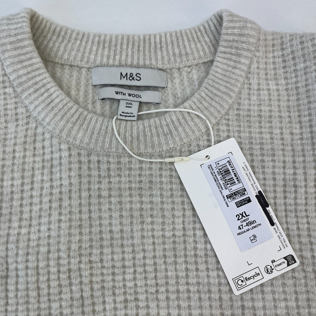 M&S Men's Wool Blend Waffle Knit Soft Crew Neck Jumper Off White Ecru XL New