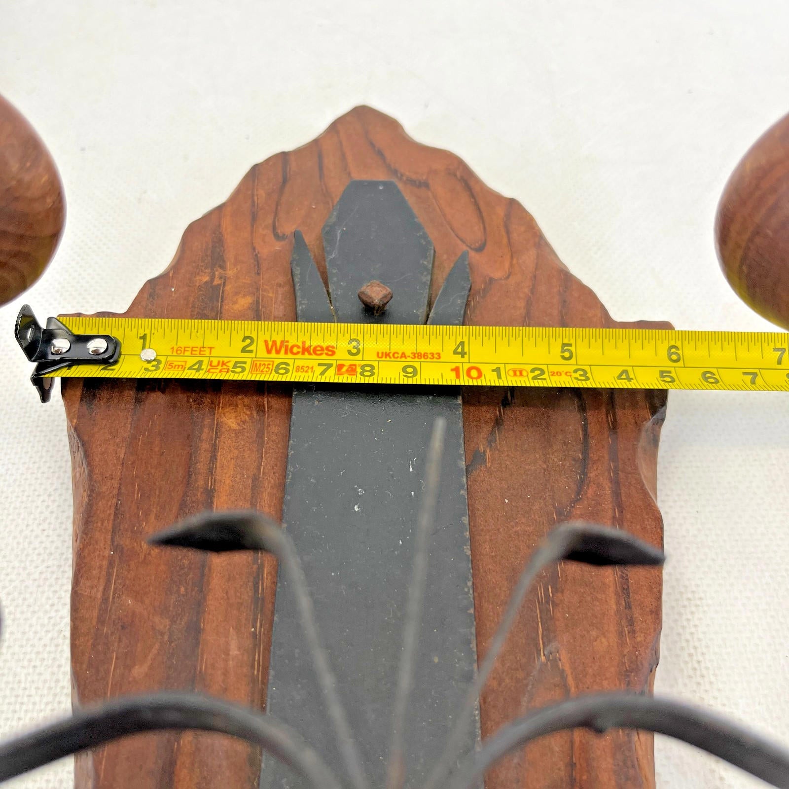 Pair of Vintage Double Sconce Wall Lights Gothic Metal & Wood 14" Two Arm