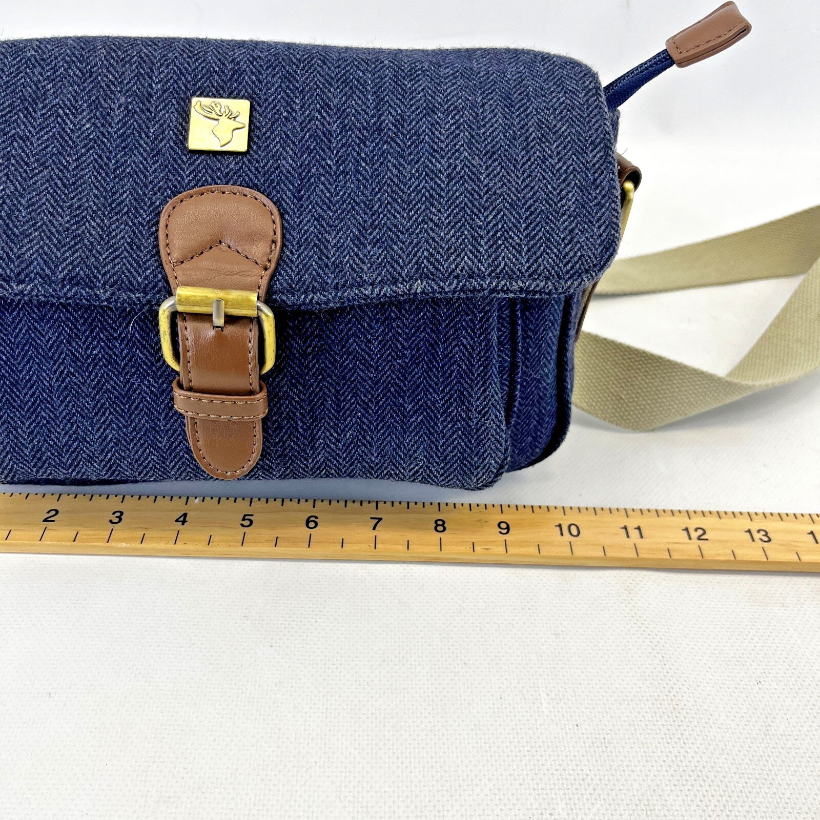 House of Tweed Navy Blue Medium Crossbody Satchel Bag Handbag Herringbone